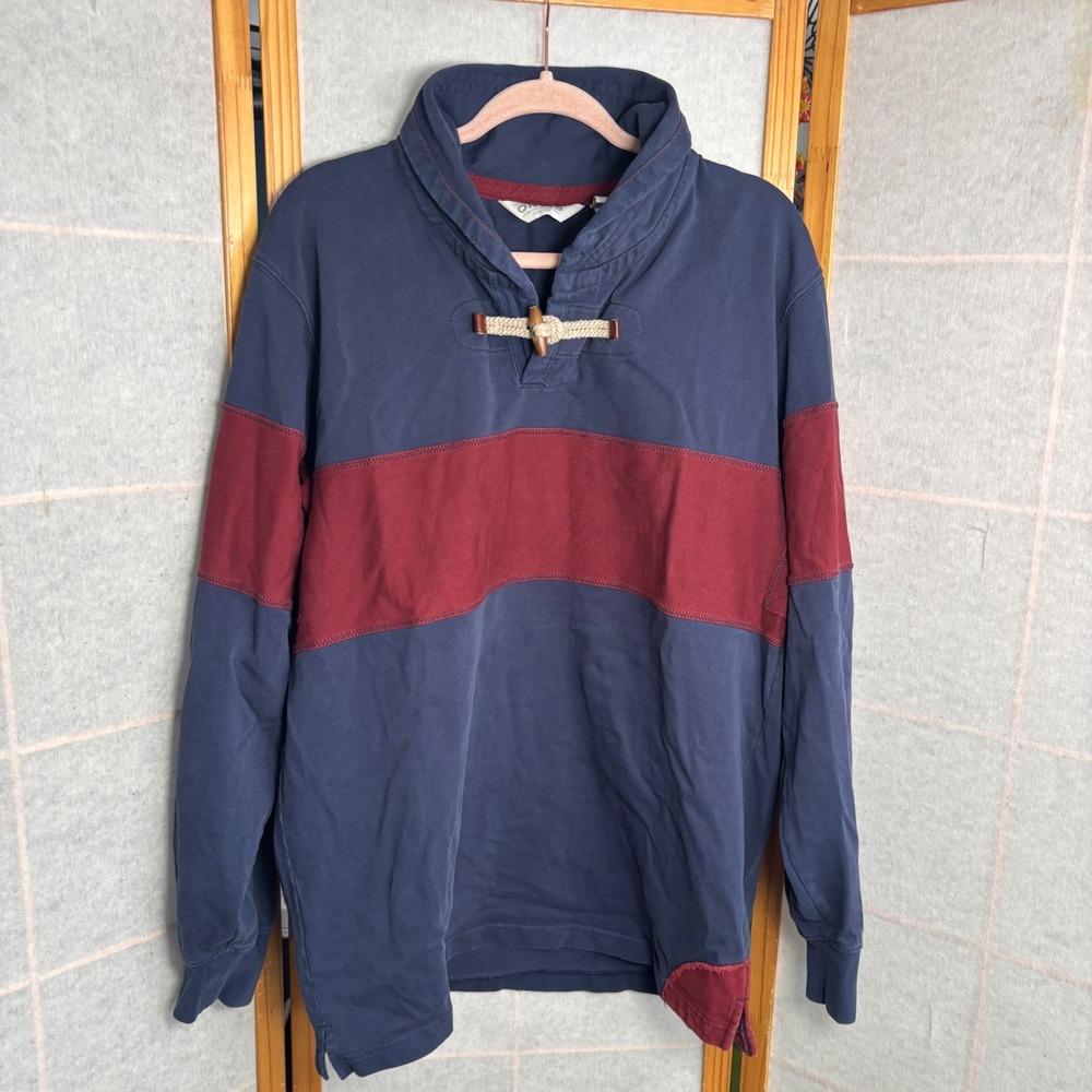 Orvis Mens Medium Navy Burgundy Toggle Shawl Collar Rugby‎ Pullover Cotton VTG